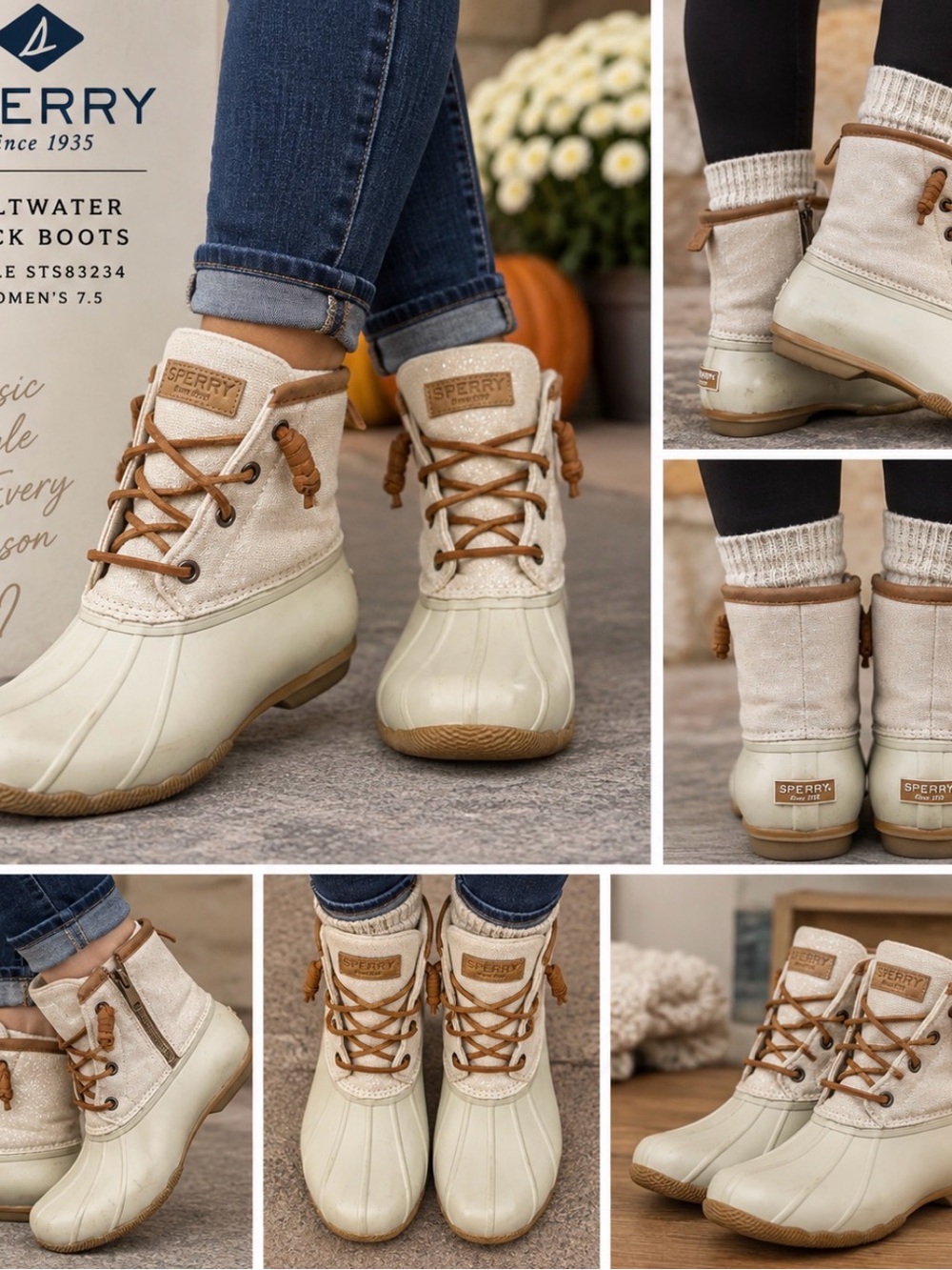 Sperry Saltwater Metallic Sparkle Ivory Duck Boots Women’s 7.5